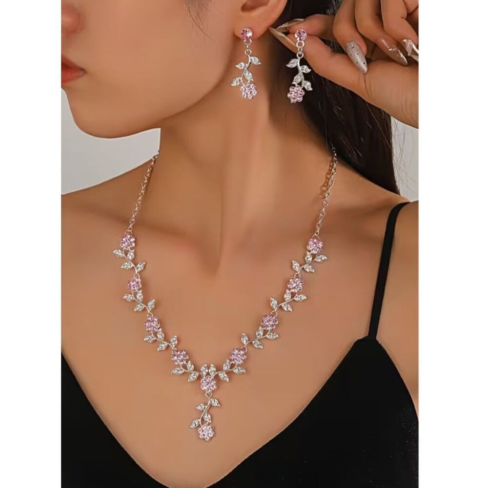 NWT Pink Glass Crystal Floral Necklace Earrings Set Silver White K Plating